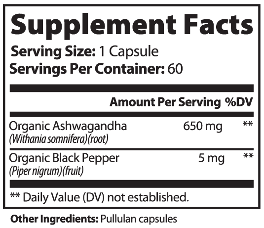 Organic Ashwagandha with Black Pepper – Stress, Calm & Adaptogen Support | 60 Caps